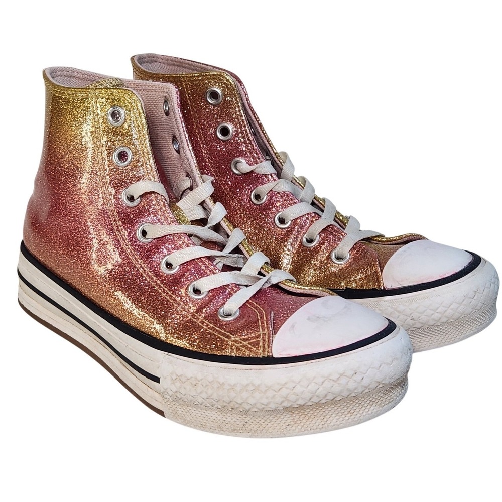 CONVERSE Chuck Taylor All Star High Top Shoe Youth 3 Pink Gold Girls Glitter‎